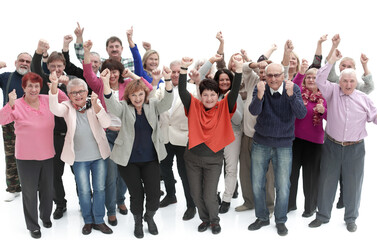Fototapeta premium Group of senior people raising their hands celebrating a victory