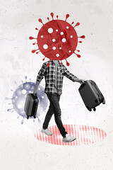 Creative photo 3d collage poster postcard artwork of weird person baggage go isolation after travel...