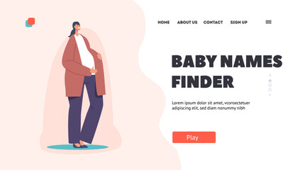 Baby Names Finder Landing Page Template. Young Mother Character, Asian Pregnant Woman, Beautiful Smiling Girl