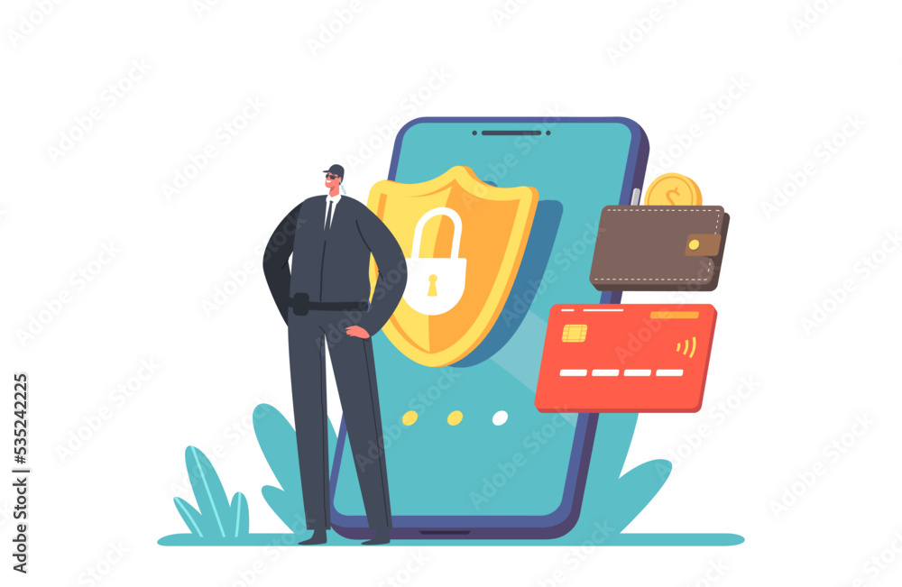 Poster mobile data protection concept with guard character protect smartphone with lock on screen. internet
