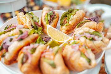 Croissant with meat and vegetables and greens on a white dish