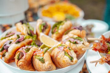 Croissant with meat and vegetables and greens on a white dish