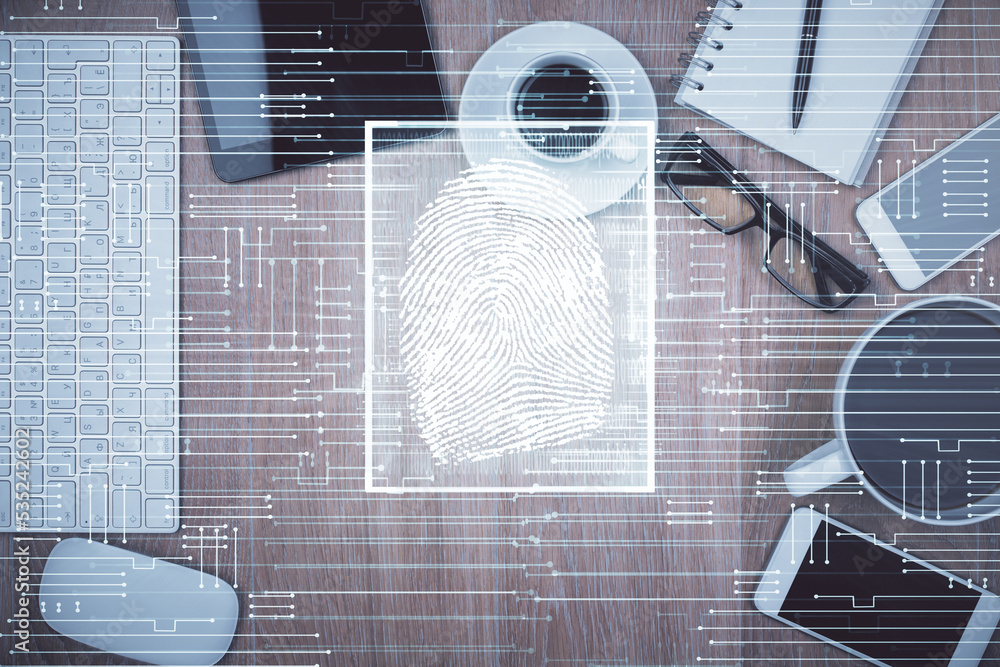 Poster Double exposure of finger print over table with phone. Top view. Concept of mobile security.