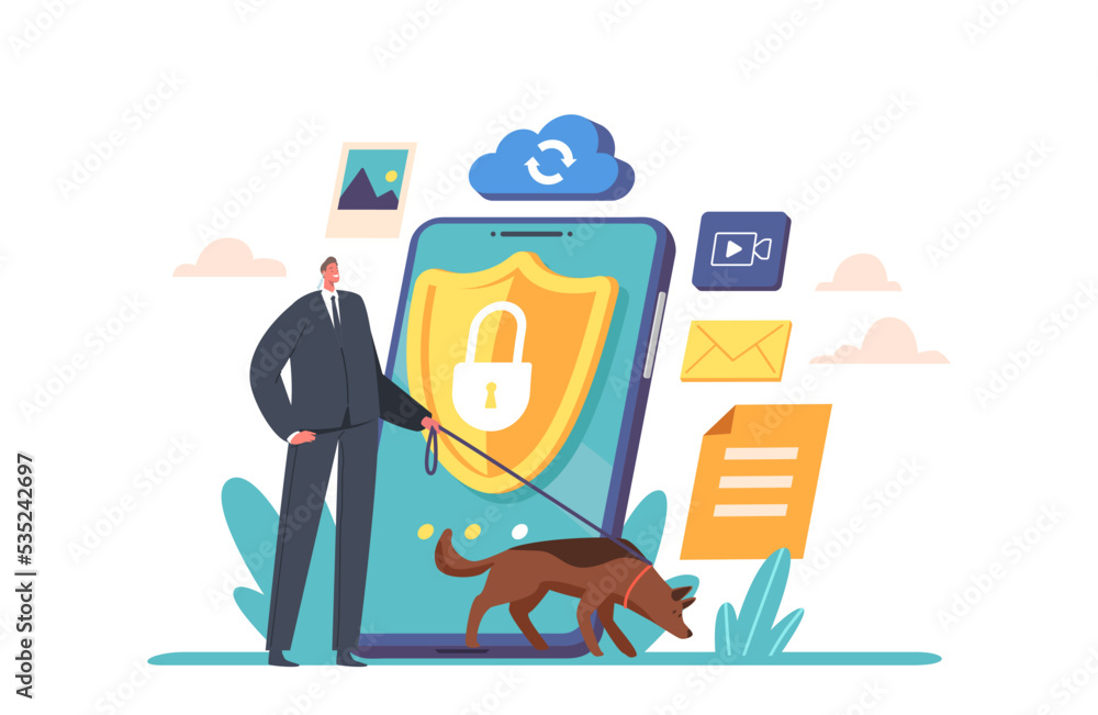 Poster security male character with shepherd dog protect huge mobile phone with private data. software for 