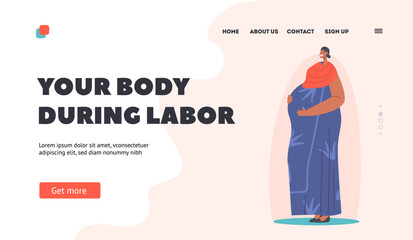 Body during Labor, Pregnancy and Motherhood Landing Page Template. Beautiful Pregnant Indian Woman, Young Mother