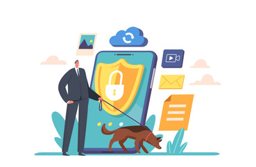 Security Male Character With Shepherd Dog Protect Huge Mobile Phone With Private Data. Software For Privacy Access