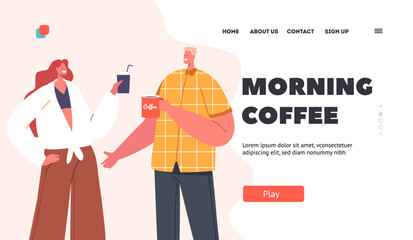 Morning Coffee Landing Page Template. Break, Lunch Time In Office Concept. People Talking And Drinking Beverage