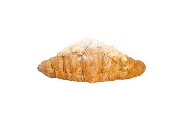 Fresh croissant with powdered sugar isolated on white background.