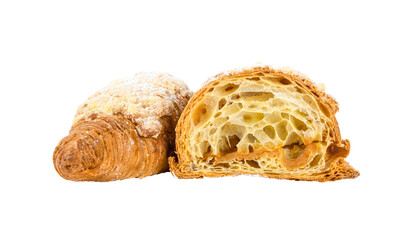 half croissant and whole with salted caramel isolated on white