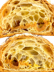 Close up the cut of the croissant. puff pastry macro background