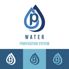 Initial p Letter with water drop icon for water purification system, natural cosmetic business logo idea	