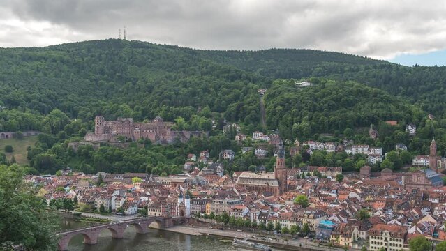 Heidelberg Germany time lapse 4K, city skyline timelapse at Neckar River with Alte Old Bridge and Heidelberg Schloss Castle