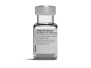 Frontal view of a labelled vial with a generic Covid-19 vaccine. Isolated. Transparent background...