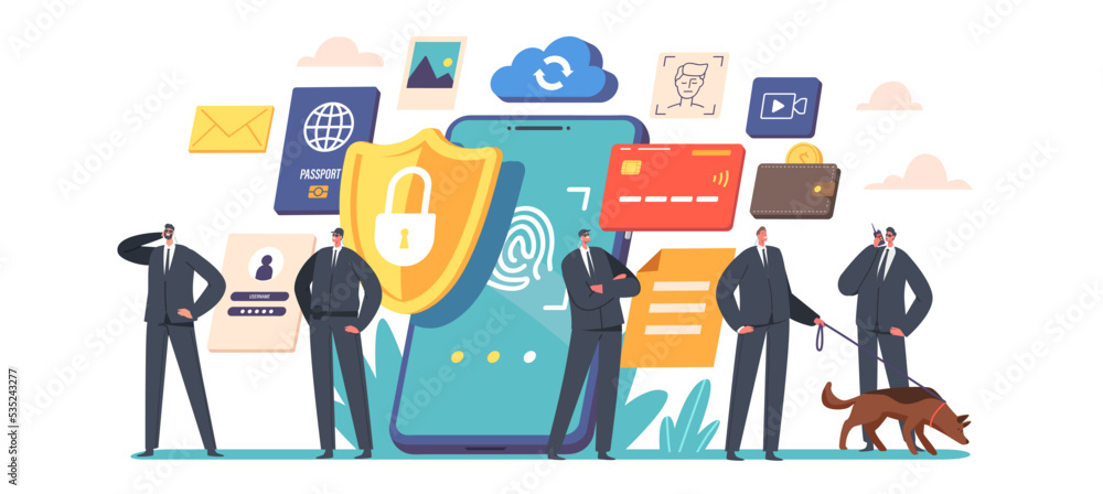 Poster mobile data protection, privacy in internet concept. tiny safeguards characters with shepherd dog at