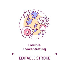 Trouble concentrating concept icon. Problem with attention. Sustained focusing issue abstract idea thin line illustration. Isolated outline drawing. Editable stroke. Arial, Myriad Pro-Bold fonts used