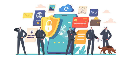 Mobile Data Protection, Privacy in Internet Concept. Tiny Safeguards Characters with Shepherd Dog at Huge Smartphone