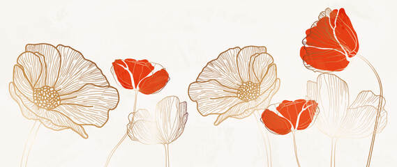 Elegant poppies on a white background with a watercolor texture in a gold frame, hand-drawn. Luxury vector background for decoration, print, banner, card, vip.
