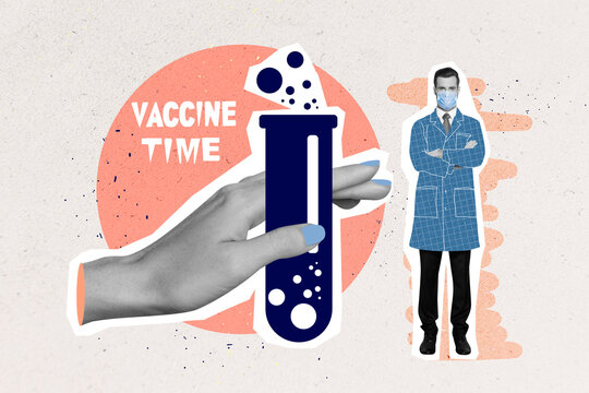 Composite collage image of hand holding laboratory test tube vaccine time reminder doctor wait coronavirus pandemic spread prevention