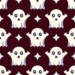 Halloween concept. Vector seamless pattern of detailed spooky ghost on dark brown background. Suitable for postcards, fabric, textile, wrappers, wallpapers