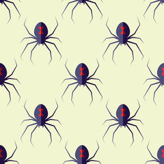 Halloween concept. Vector seamless pattern of spider on light yellow background. Suitable for postcards, fabric, textile, wrappers, wallpapers