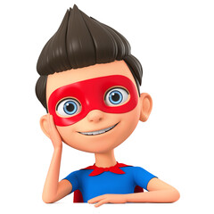 Cartoon character boy in a super hero costume on a white background leaning against an empty board. 3d render illustration.