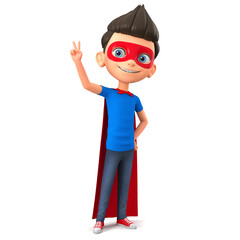 Cartoon character boy in a super hero costume on a white background showing the peace of the world. 3d rendered illustration.