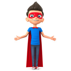 Cartoon character boy in a super hero costume on a white background spread his arms to the sides. 3d render illustration.