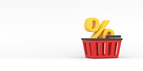 Red grocery basket and yellow percentage on a white background. 3d render illustration.