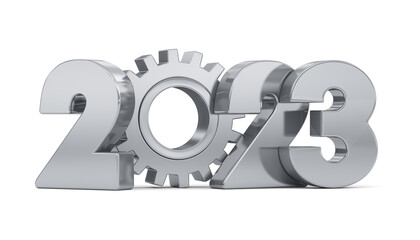 New Year illustrations. Metallic inscription 2023 and a gear on a white background. 3d rendering.