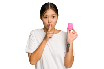 Young asian woman holding car keys isolated on green chroma background keeping a secret or asking for silence.