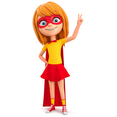 Cartoon character girl in a super hero costume on a white background raised two fingers up. 3d render illustration.