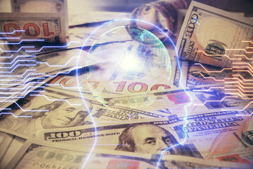 Double exposure of brain drawing over us dollars bill background. Technology concept.
