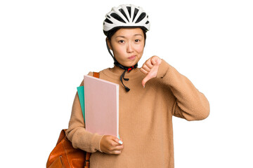 Young student asian woman wearing a bike helmet isolated on green chroma background showing a dislike gesture, thumbs down. Disagreement concept.