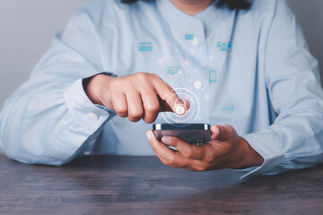 Security shield Lock Security Businesswoman Protect Concept, hand pointing digital padlock with data protection network, Cyber security data protection business technology privacy concept.