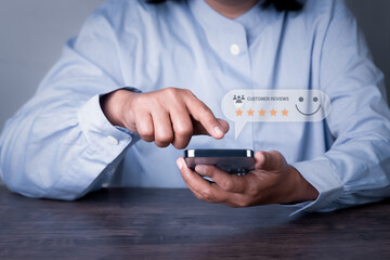 Woman using smart phone for Customer Experience dissatisfied Concept, Client with Sadness Emotion on smartphone screen, Bad review, bad service dislike bad quality, low rating, social media not good.