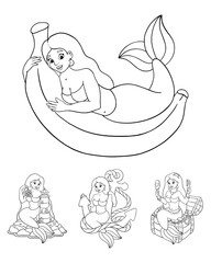 Set of beautiful mermaids. Coloring page for kids. Digital stamp. Cartoon style character. Vector illustration isolated on white background.