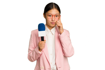 Young TV Asian presenter isolated on green chroma background pointing temple with finger, thinking, focused on a task.
