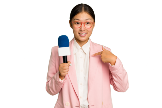 Young TV Asian presenter isolated on green chroma background person pointing by hand to a shirt copy space, proud and confident
