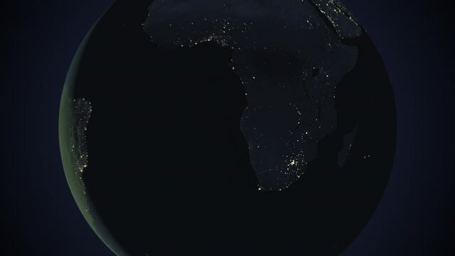 Seamless looping animation of the earth at night zooming in to the 3d map of Botswana with the capital and the biggest cites in 4K resolution