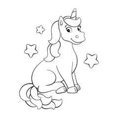 Coloring page for kids. Digital stamp. Cute unicorn. Cartoon style character. Vector illustration isolated on white background.