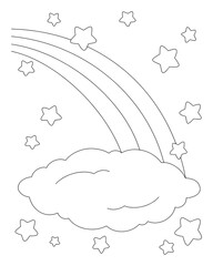 Scene with rainbow, cloud and stars. Coloring book page for kids. Cartoon style character. Vector illustration isolated on white background.