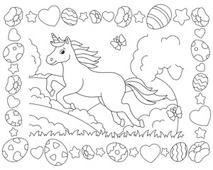 A cheerful unicorn jumps across the clearing. Easter frame. Coloring book page for kids. Cartoon style character. Vector illustration isolated on white background.