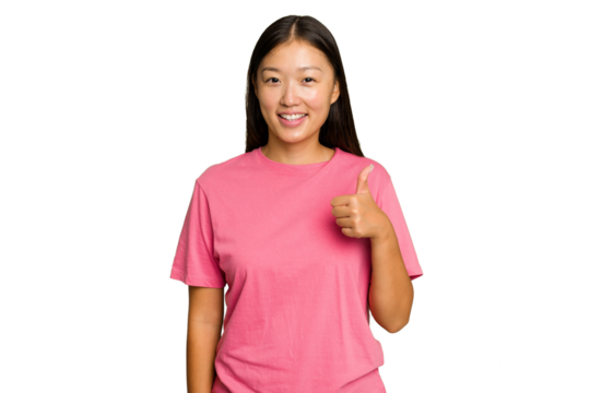 Young Asian woman isolated on green chroma background smiling and raising thumb up
