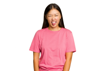Young Asian woman isolated on green chroma background funny and friendly sticking out tongue.