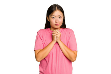 Young Asian woman isolated on green chroma background scared and afraid.