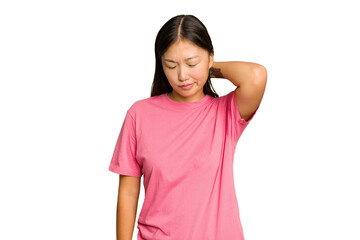 Fototapeta premium Young Asian woman isolated on green chroma background suffering neck pain due to sedentary lifestyle.