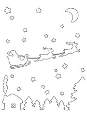 Santa Claus carries Christmas gifts on reindeer. Coloring book page for kids. Cartoon style character. Vector illustration isolated on white background.