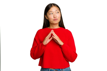 Young Asian woman isolated on green chroma background making up plan in mind, setting up an idea.