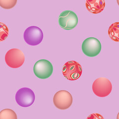 Playful abstract vector seamless pattern with 3d balls and gradients. Dynamic 3d geometric shapes in vivid purple, violet, mint green and crimson colors