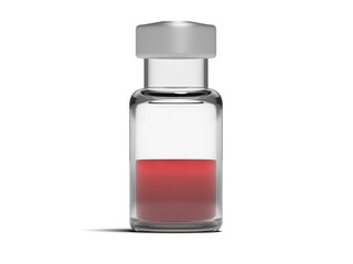 Frontal view of a vial with a red liquid vaccine. Isolated. No label. Transparent background for...